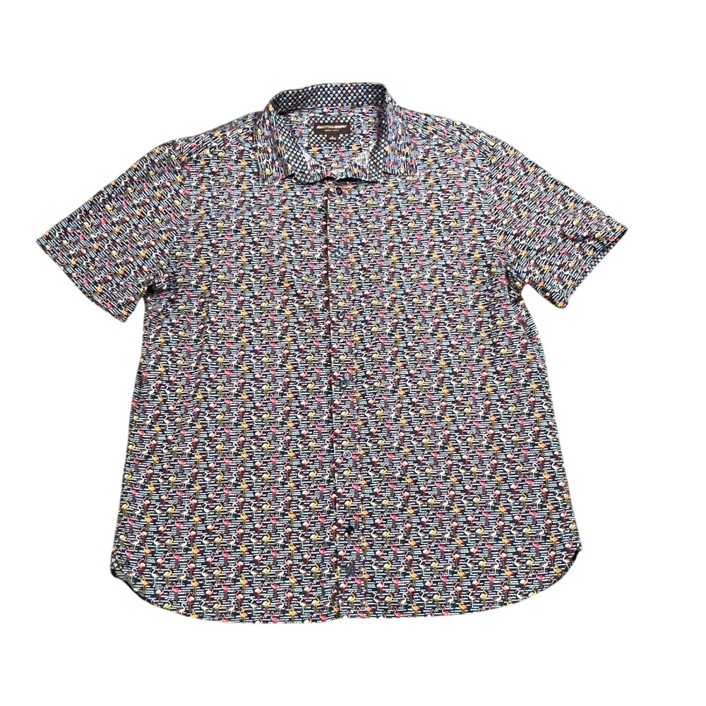 Johnston & Murphy Men's Large Flamingo Print Cotton Short Sleeve Shirt Navy